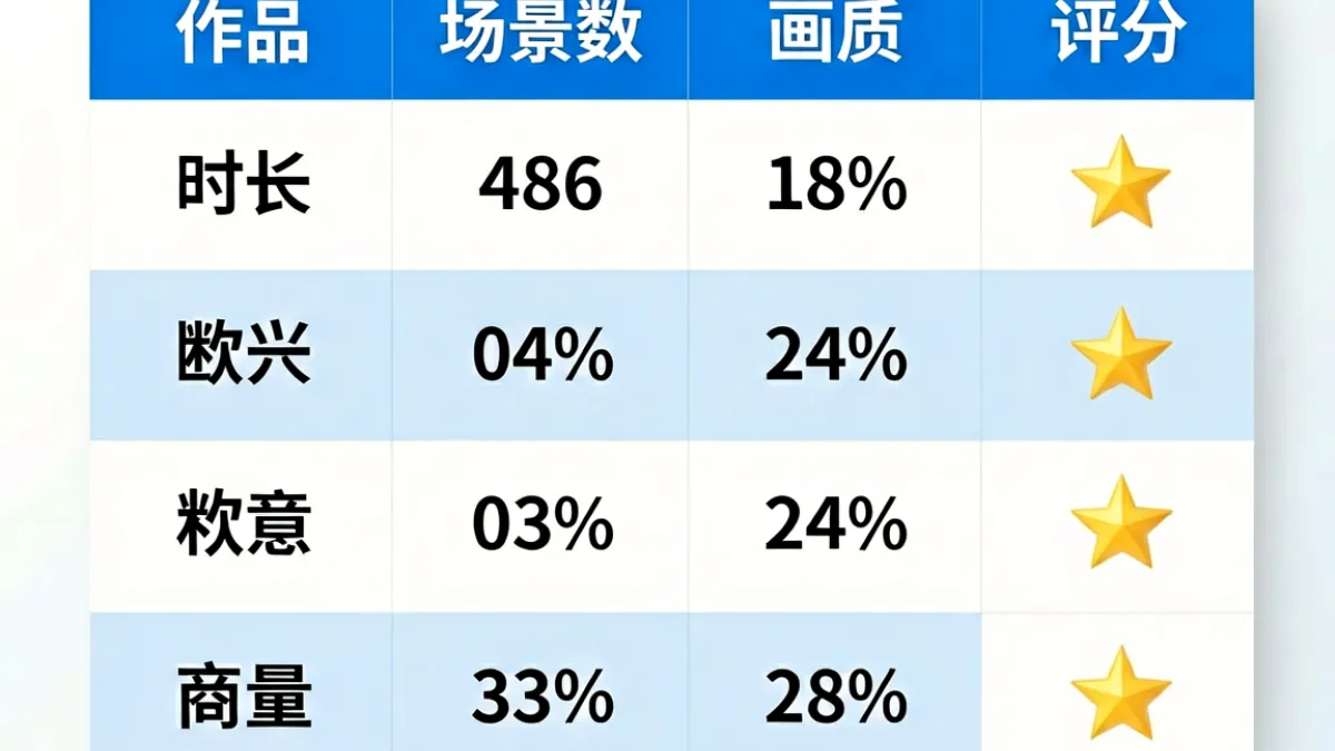 丽娜伦成人A片横评对照表示意图，列出多部作品在时长、场景数量与清晰度上的参数对比